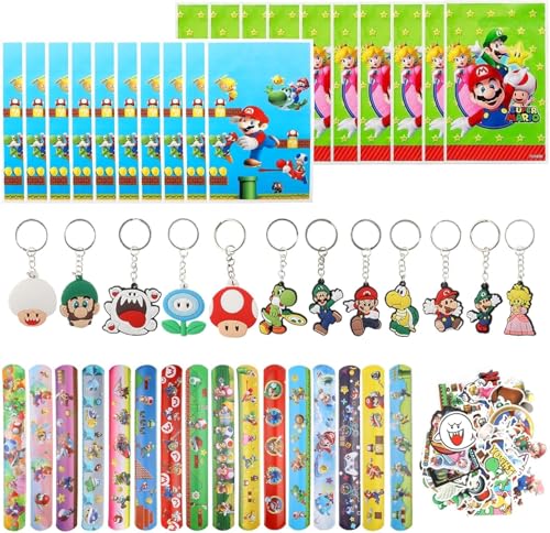 HhBdy 98 Stück Super Ma-rio Mitgebsel Kindergeburtst mit 50 Kinder Sticker 12 Schlüsselanhänger Kinder 20 Sup Tasche 16 Clap Bracelets Gastgeschenke Set Party Mitgebsel Spielzeug Geburtstagsdeko von HhBdy