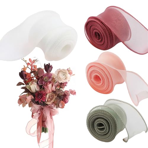 Hhaoysogd 4 Stück Schillernde Organzabänder, 40mm x 9M Glitzerndes Polyester Organzaband, Rosa Koralle Seegrasgrün Perlweiß Geschenkband für Geschenkverpackung, Hochzeit, Dekoration von Hhaoysogd
