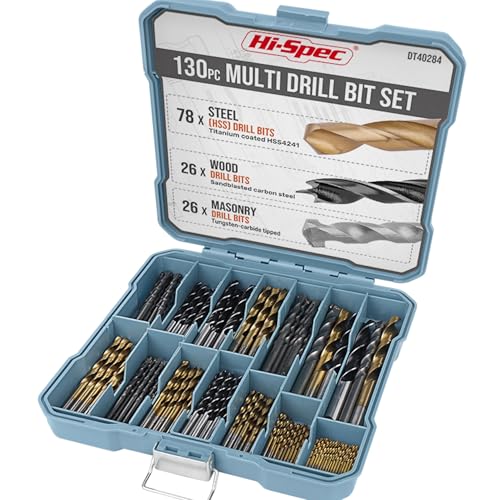 Hi-Spec 130-tlg. HSS-Titan Bohrer-Bit-Set in 8 Größen von 1 mm bis 10 mm. Mit Mauerwerks- und Brad-Point-Bits für Metall, Holz, Kunststoff, Ziegel und Beton von Hi-Spec