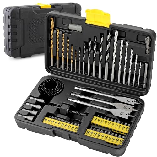 Hi-Spec 63-teiliges Set aus HSS-Titanbohrern, Mauerwerksbohrern, Holzbohrern mit Zentrierspitze und Lochsägen für Metall, Holz, Ziegel und Beton in einem praktischen Koffer von Hi-Spec