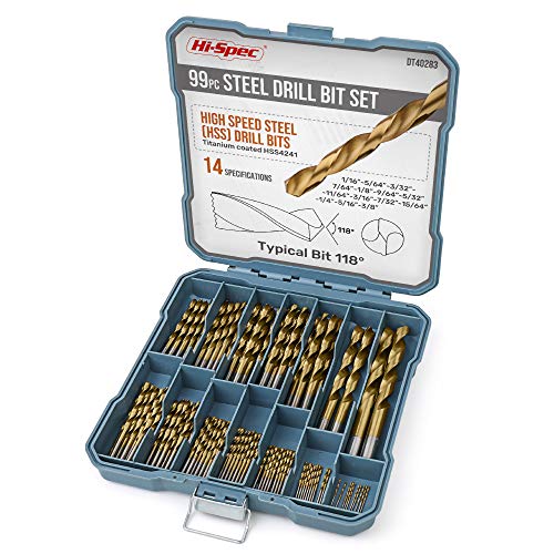 Hi-Spec 99 tlg. Bohrer Set mit Spiralbohrer, Titan HSS-Stahl, 14 Größen von 1mm bis 10mm für Holz, Metall, Kunststoff, inkl. Aufbewahrungskoffer von Hi-Spec