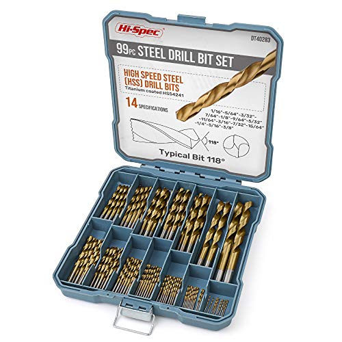 Hi-Spec 99 tlg. HSS Titanbeschichtetes Bohrer Set inklusive Spiralbohrer, 14 Größen von 1mm bis 10mm für Holz, Metall, Kunststoff in Aufbewahrungskoffer von Hi-Spec