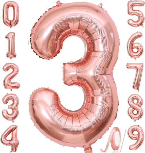Zahlenballons, Roségold, 101,6 cm, Jumbo-Folie, Mylar-Ballon für Geburtstagsfeier, Hochzeit, Jahrestag, Feier, Dekoration (Roségold 3) von HiAoey