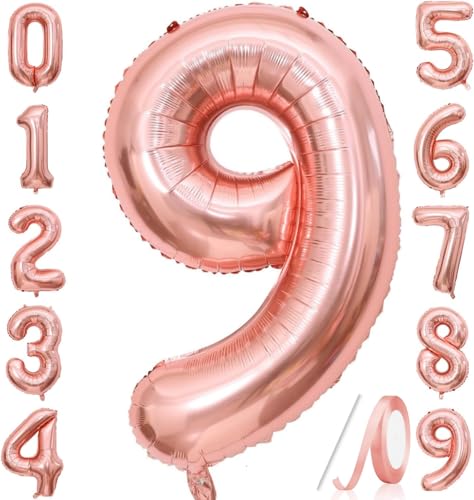 Zahlenballons, Roségold, 101,6 cm, Jumbo-Folie, Mylar-Ballon für Geburtstagsfeier, Hochzeit, Jahrestag, Feier, Dekoration (Roségold 9) von HiAoey