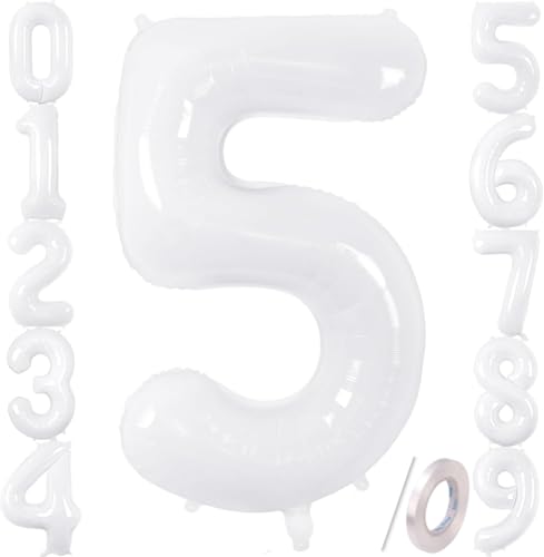 Zahlenballons, weiß, 101,6 cm, Jumbo-Folie, Mylar-Ballon für Geburtstagsfeier, Hochzeit, Jahrestag, Feier, Dekoration (Weiß 5) von HiAoey