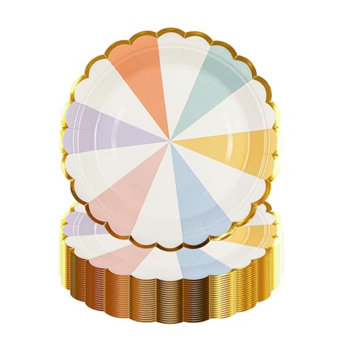 50pcs Farbe gestreift Partyteller Kindergeburtstag Partygeschirr Set Goldfolie Rand überbacken Dessertteller für Geburtstag Hochzeit Baby Dusche Dekoration von HiEnjoin