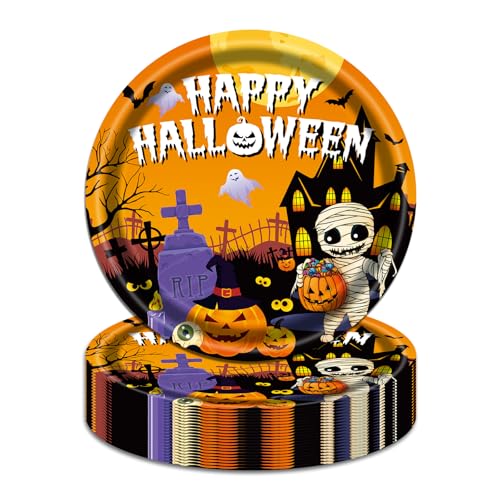 HiEnjoin 50 Stück Happy Halloween Pappteller,18cm Party Orange Fledermaus Baum Muster Einweg-Papierplatten für Herbst Party Geburtstag Tischdeko von HiEnjoin