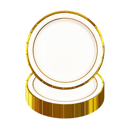 HiEnjoin 50 Stück Weiß Partyteller,18cm Goldfolie Einwegteller Pappteller für Geburtstag Einweg Dessertteller oder Jubiläen, Geburtstage, Hochzeitsfeiern von HiEnjoin