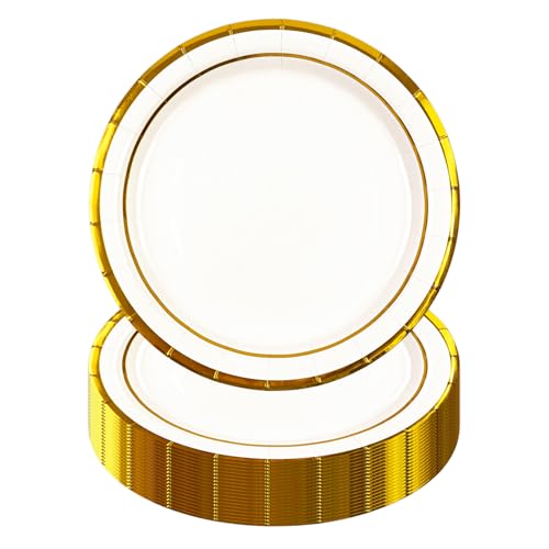 HiEnjoin 50 Stück Weiß Partyteller,23cm Goldfolie Einwegteller Pappteller für Geburtstag Einweg Dessertteller oder Jubiläen, Geburtstage, Hochzeitsfeiern HiEnjoin 50 Stück Weiß Partyteller,23cm Goldfolie Einwegteller Pappteller für Geburtstag Einweg Dessertteller oder Jubiläen, Geburtstage, Hochzeitsfeiern von HiEnjoin