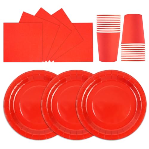 HiEnjoin 72 Stück Stück Partygeschirr Set,Rot Papiergeschirr Set,Geburtstag Party Geschirr Becher Serviette Pappteller für Babypartys, Geburtstag, Weihnachten Geburtstagsparty Deko-24 Gäste von HiEnjoin