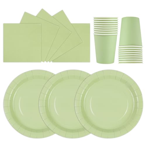HiEnjoin 72 Stück Stück Partygeschirr Set,Salbeigrün Papiergeschirr Set,Geburtstag Party Geschirr Becher Serviette Pappteller für Babypartys, Geburtstag, Weihnachten Geburtstagsparty Deko-24 Gäste von HiEnjoin
