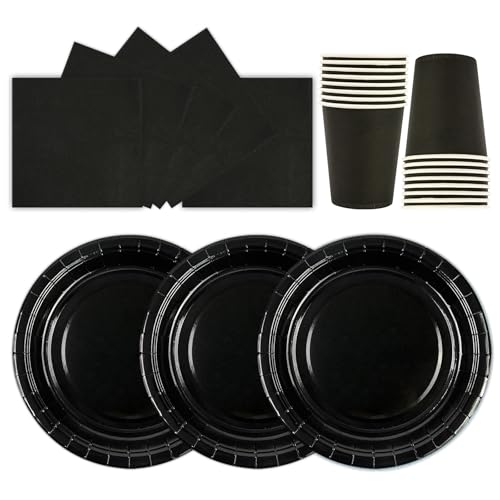 HiEnjoin 72 Stück Stück Partygeschirr Set,Schwarz Papiergeschirr Set,Geburtstag Party Geschirr Becher Serviette Pappteller für Babypartys, Geburtstag, Weihnachten Geburtstagsparty Deko-24 Gäste von HiEnjoin