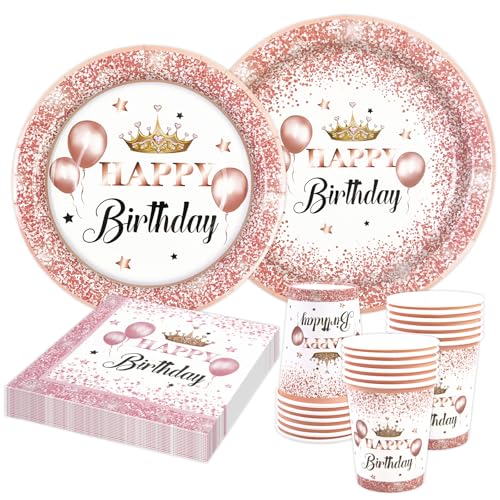 HiEnjoin 80 Stück Roségold Partygeschirr für 20 Gäste, Rosegold Geburtstag Geschirr Kindergeburtstag Teller Becher Servietten Pappteller Party Deko Mädchen, Tischdekoration für Hochzeitsfeiern von HiEnjoin