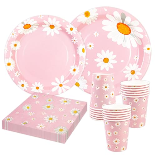 HiEnjoin 80PCS Gänseblümchen Partygeschirr, Niedlich Gänseblümchen Partyteller Servietten Becher Kinder Männer Frauen Geburtstag Deko von HiEnjoin