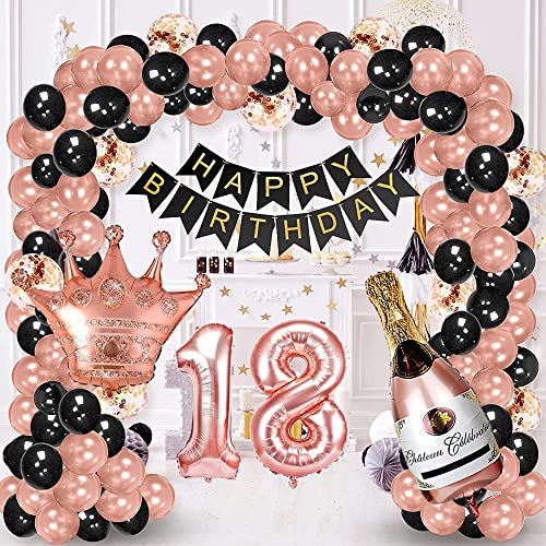 18 Geburtstag Deko Mädchen, Geburtstagsdeko 18 Junge, Rosegold Schwarz Deko 18 Geburtstag Luftballon mit Happy Birthday Girlande, Deko 18. Geburtstag Luftballons für Frau Mann Geburtstag Dekorationen von HiHK