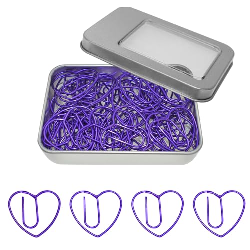 Herz-Büroklammern mit Metall-Büroklammern-Halter, niedliche Liebesherz-Büroklammern, Hochzeitseinladungszubehör (lila, 50 Stück) von HiQin