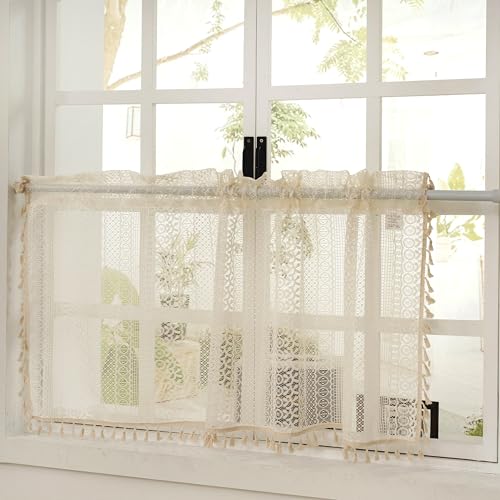 HiSnug Lace Sheer Curtain Beige Boho Vorhang Kurzgardine Bistrogardine im Bauernhaus-Stil mit Stabtasche, Spitze Häkelgardine Kurzstore Gardine Mit Quasten, H45 x B90 cm - 1 Stück HiSnug Lace Sheer Curtain Beige Boho Vorhang Kurzgardine Bistrogardine im Bauernhaus-Stil mit Stabtasche, Spitze Häkelgardine Kurzstore Gardine Mit Quasten, H45 x B90 cm - 1 Stück von HiSnug