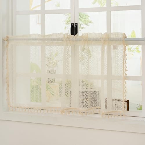 HiSnug Lace Sheer Curtain Beige Boho Vorhang Kurzgardine Bistrogardine im Bauernhaus-Stil mit Stabtasche, Spitze Häkelgardine Kurzstore Gardine Mit Quasten, H60 x B120 cm - 1 Stück HiSnug Lace Sheer Curtain Beige Boho Vorhang Kurzgardine Bistrogardine im Bauernhaus-Stil mit Stabtasche, Spitze Häkelgardine Kurzstore Gardine Mit Quasten, H60 x B120 cm - 1 Stück von HiSnug