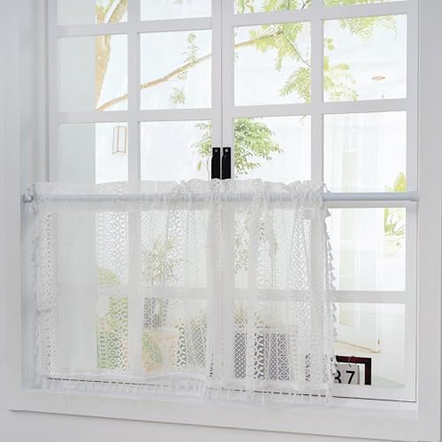 HiSnug Lace Sheer Curtain Weiß Boho Vorhang Kurzgardine Bistrogardine im Bauernhaus-Stil mit Stabtasche, Spitze Häkelgardine Kurzstore Gardine Mit Quasten, H45 x B90 cm - 1 Stück HiSnug Lace Sheer Curtain Weiß Boho Vorhang Kurzgardine Bistrogardine im Bauernhaus-Stil mit Stabtasche, Spitze Häkelgardine Kurzstore Gardine Mit Quasten, H45 x B90 cm - 1 Stück von HiSnug