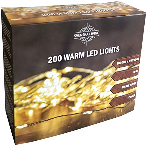 LED Draht Lichterkette 200 Leds mit 6 Stunden Timer + Dimmer warmweiß Strombetrieben für Innen und Außen (200er) von HiT