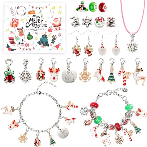 Hianjoo Adventskalender Kinderschmuck, 24 Tage Weihnachten Adventskalender Bastelset mit Kinder Charm Armbänder, Weihnachtskalender Mädchen Geschenk, ab 5 Jahren (Silber) von Hianjoo