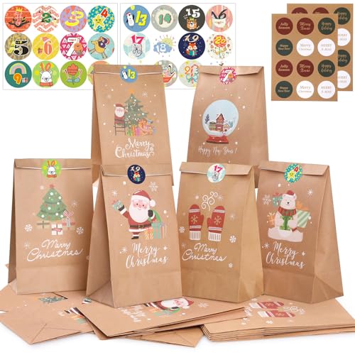 Hianjoo Adventskalender zum Befüllen 2024, Weihnachten Kraft Papiertüten, 24 Stk. Weihnachten Geschenktüten mit Aufkleber, Weihnachtstüte Geschenktüten für Weihnachtsgeschenke Deko 22 * 12 * 8cm Hianjoo Adventskalender zum Befüllen 2024, Weihnachten Kraft Papiertüten, 24 Stk. Weihnachten Geschenktüten mit Aufkleber, Weihnachtstüte Geschenktüten für Weihnachtsgeschenke Deko 22 * 12 * 8cm von Hianjoo