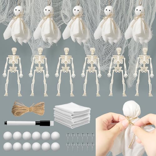 Hiawbon Halloween-Hängeornamente, kleine hängende Geister, Mini-Skelette für Dekoration, Geister, Skelett-Dekoration für Halloween, drinnen und draußen, 12 Stück von Hiawbon