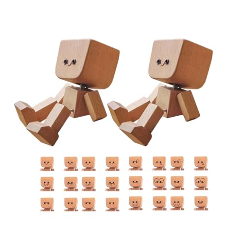 Hiborth Wackelnder Holzmann, Wackelnde Holzfigur mit Füßen Handgefertigte Auto Armaturenbrett Dekoration Ornamente Magnetische Gesichter Kreatives Autozubehör (2 Sets) von Hiborth