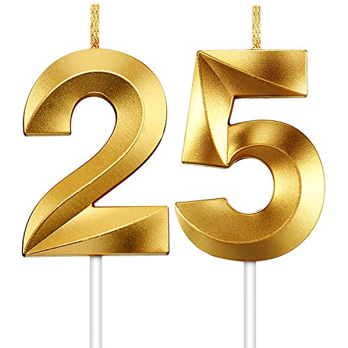 HICARER 2 Stücke Nummer Kerze Gold Glitzer Kerzen Dekorative Geburtstagstorte Kerzen Geburtstag Kuchen Topper Dekoration für Hochzeit Geburtstag Jubiläum Feier Abschluss (Nummer 25) von HICARER