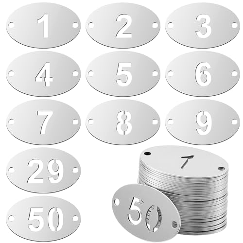 Hicarer Nummerierte Metall-Etiketten aus Edelstahl, mit Löchern, nummerierte Schlüsselanhänger (50 Stück, 1–50, oval) von Hicarer