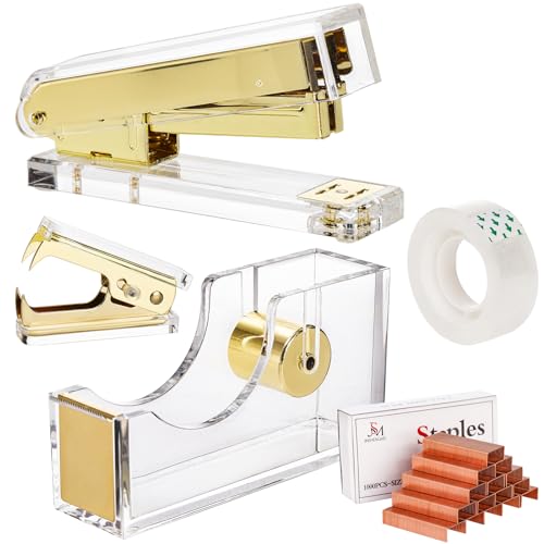 Hiceeden Acryl Gold Hefter und Tape Dispenser Set, Schreibtischzubehör Bürobedarf umfasst Band, Klammerentferner und 1000pcs 24/6 Klammern, moderne niedliche Hefter Set für Schreibtisch Hiceeden Acryl Gold Hefter und Tape Dispenser Set, Schreibtischzubehör Bürobedarf umfasst Band, Klammerentferner und 1000pcs 24/6 Klammern, moderne niedliche Hefter Set für Schreibtisch von Hiceeden