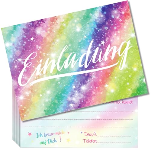 Hierein 12x Glitzer Regenbogen Einladungskarten Kindergeburtstag Mädchen, Einladung Regenbogen Kinderparty Einladungskarten Mädchen, Stylishe Einladungskarten Geburtstag für Mädchen Kinder Jedes Alter von Hierein