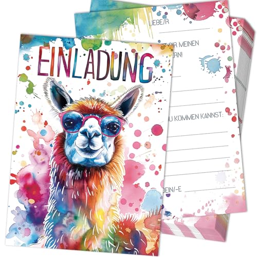 Hierein Einladungskarten Kindergeburtstag Junge, 12x Witzige Aquarell Alpaka Einladungskarten Geburtstag für Mädchen und Jungen Kindergeburtstag Einladungskarten, Party Geburtstagseinladungen Mädchen von Hierein