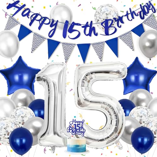 Hierein 15 Geburtstag Junge, Blau Silber Luftballons 15 Geburtstag Deko mit Tortendeko Banner, Happy Birthday Ballon, 15 Geburtstagsdeko Jungen für 15 Jahre Junge Kinder, Party Deko Hierein 15 Geburtstag Junge, Blau Silber Luftballons 15 Geburtstag Deko mit Tortendeko Banner, Happy Birthday Ballon, 15 Geburtstagsdeko Jungen für 15 Jahre Junge Kinder, Party Deko von Hierein
