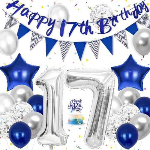Hierein 17 Geburtstag Junge, Blau Silber Luftballons 17 Geburtstag Deko mit Tortendeko Banner, Happy Birthday Ballon, 17 Geburtstagsdeko Jungen für 17 Jahre Junge Kinder, Party Deko Hierein 17 Geburtstag Junge, Blau Silber Luftballons 17 Geburtstag Deko mit Tortendeko Banner, Happy Birthday Ballon, 17 Geburtstagsdeko Jungen für 17 Jahre Junge Kinder, Party Deko von Hierein