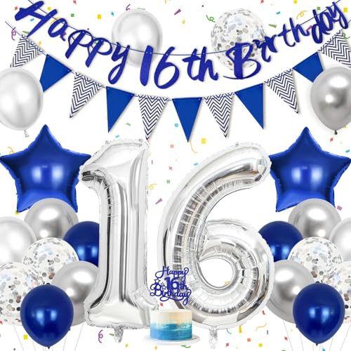 Hierein 16 Geburtstag Junge, Blau Silber Luftballons 16. Geburtstag Deko mit Tortendeko, 16 Jahre Geburtstagsbanner Wimpelkette, Folienballon, Birthday Ballon, Geburtstagsdeko Jungen für Party Deko Hierein 16 Geburtstag Junge, Blau Silber Luftballons 16. Geburtstag Deko mit Tortendeko, 16 Jahre Geburtstagsbanner Wimpelkette, Folienballon, Birthday Ballon, Geburtstagsdeko Jungen für Party Deko von Hierein