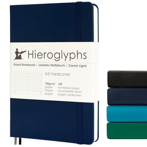 Hieroglyphs Notizbuch A5 mit Hardcover, 189 Nummerierten Seiten, 3 Farben, Organisationsregister, Tasche, Elastikverschluss, 2 Lesezeichen, Dunkelblau von Hieroglyphs Bullet Journal