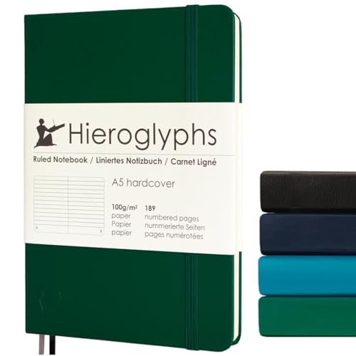 Hieroglyphs Notizbuch A5 mit Hardcover, 189 Nummerierten Seiten, 3 Farben, Organisationsregister, Tasche, Elastikverschluss, 2 Lesezeichen, Grün von Hieroglyphs Bullet Journal