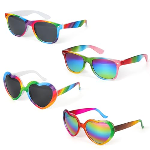 4PCS Herz Sonnenbrille + Retro Regenbogen Sonnenbrille Set, Partybrille Y2k Festival Zubehör Bunte Sonnenbrille Zubehör Damen Herren Kinder, Lustige Brillen Pride Sonnenbrille Pride Accessoires von Hifot