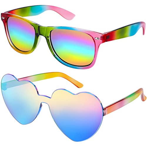 Hifot Herz Sonnenbrille + Regenbogen Retro Sonnenbrillen Set, Partybrille Y2k Festival Must Haves Bunte Sonnenbrille Zubehör Damen Herren Kinder, Lustige Brillen Coole Sonnenbrille Vintage von Hifot