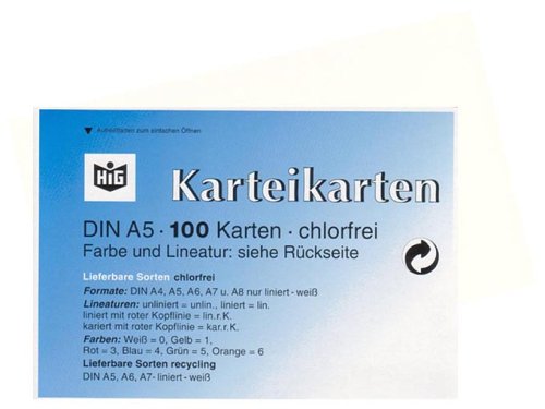 HIG K5 UNLIN 0 - Karteikarten A5 100 Stück weiss blanco von HIG