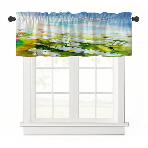 Highdi 1 Stück Kurzgardine Wohnzimmer Küchen, Gänseblümchenmuster Stangentasche Kurzer Scheibengardinen für Kleine Fenster,Kinderzimmer (Gänseblümchen,137x45cm) von Highdi