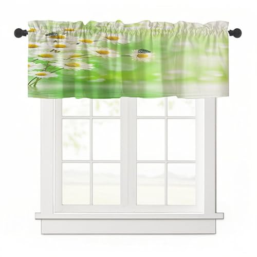 Highdi 1 Stück Kurzgardine Wohnzimmer Küchen, Gänseblümchenmuster Stangentasche Kurzer Scheibengardinen für Kleine Fenster,Kinderzimmer (Grün 1,137x45cm) von Highdi