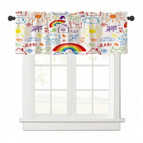 Highdi 1 Stück Kurzgardine Wohnzimmer Küchen, Gänseblümchenmuster Stangentasche Kurzer Scheibengardinen für Kleine Fenster,Kinderzimmer (Regenbogen,137x45cm) von Highdi