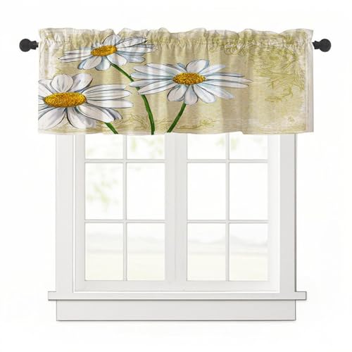 Highdi 1 Stück Kurzgardine Wohnzimmer Küchen, Gänseblümchenmuster Stangentasche Kurzer Scheibengardinen für Kleine Fenster,Kinderzimmer (Vintage,137x45cm) von Highdi