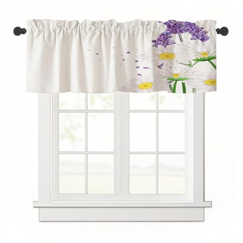 Highdi 1 Stück Kurzgardine Wohnzimmer Küchen, Gänseblümchenmuster Stangentasche Kurzer Scheibengardinen für Kleine Fenster,Kinderzimmer (Weiß 1,137x45cm) von Highdi