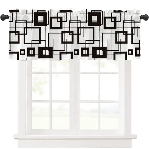 Highdi 1 Stück Kurzgardine Wohnzimmer Küchen, Stangentasche Kurzer Scheibengardinen für Kleine Fenster,Landhausstil Bistrogardine Küche Kurzgardinen (Geometrisch schwarz,137 * 45cm) von Highdi