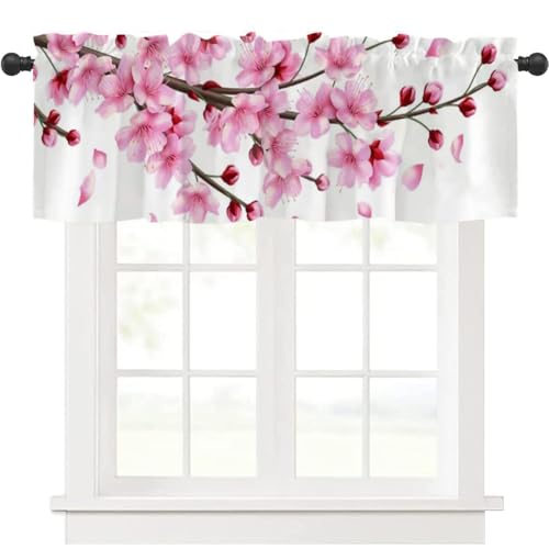 Highdi 1 Stück Kurzgardine Wohnzimmer Küchen, Stangentasche Kurzer Scheibengardinen für Kleine Fenster,Landhausstil Bistrogardine Küche Kurzgardinen (Kirschblüten,137 * 45cm) von Highdi