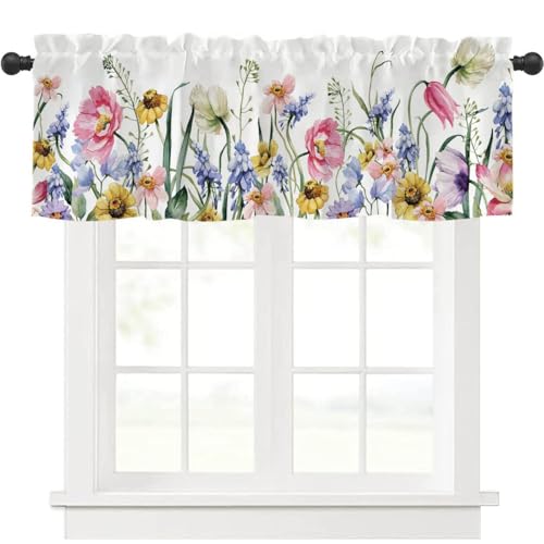 Highdi 1 Stück Kurzgardine Wohnzimmer Küchen, Stangentasche Kurzer Scheibengardinen für Kleine Fenster,Landhausstil Bistrogardine Küche Kurzgardinen (Sonnenblumenmeer,137 * 45cm) von Highdi