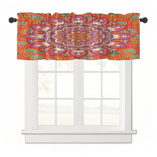 Highdi 1 Stück Kurzgardine Wohnzimmer Küchen, Stangentasche Kurzer Scheibengardinen für Kleine Fenster,Landhausstil Bistrogardine Kurzgardinen Mandala (Orange,137x45cm) von Highdi